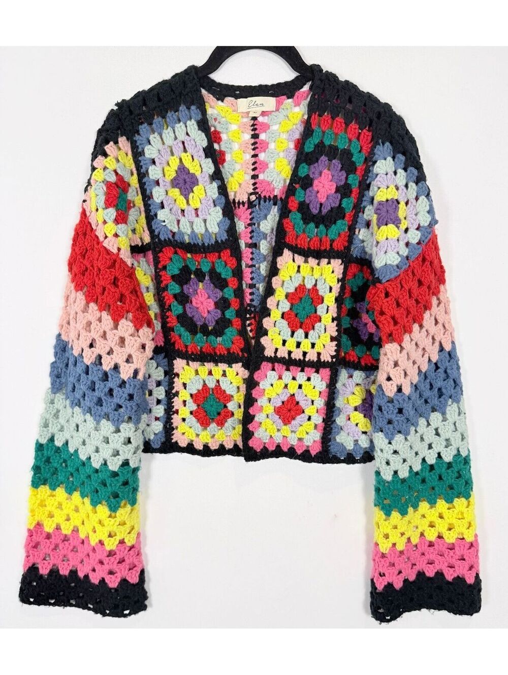 Elan Black Crochet Granny Square Cardigan Open Front Rainbow Boho Medium M